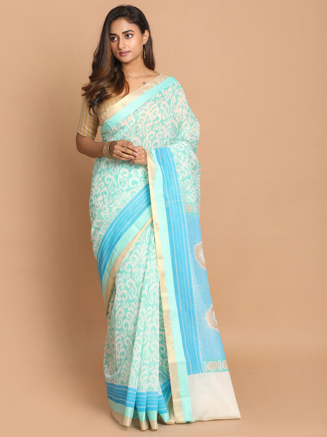 Saranee Blue & Gold-Toned Ethnic Motifs Printed Zari Border Saree