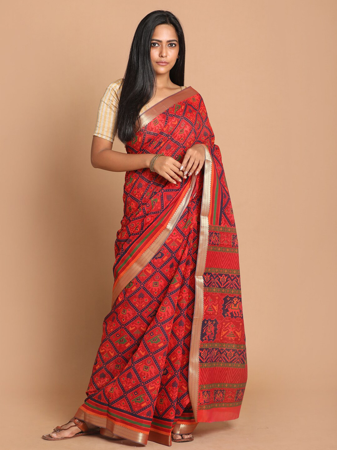 Saranee Red & Blue Bandhani Printed Zari Saree