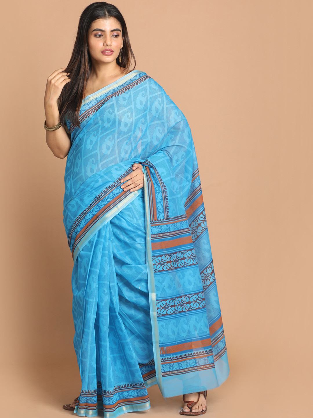 Saranee Blue Paisley Printed Zari Saree