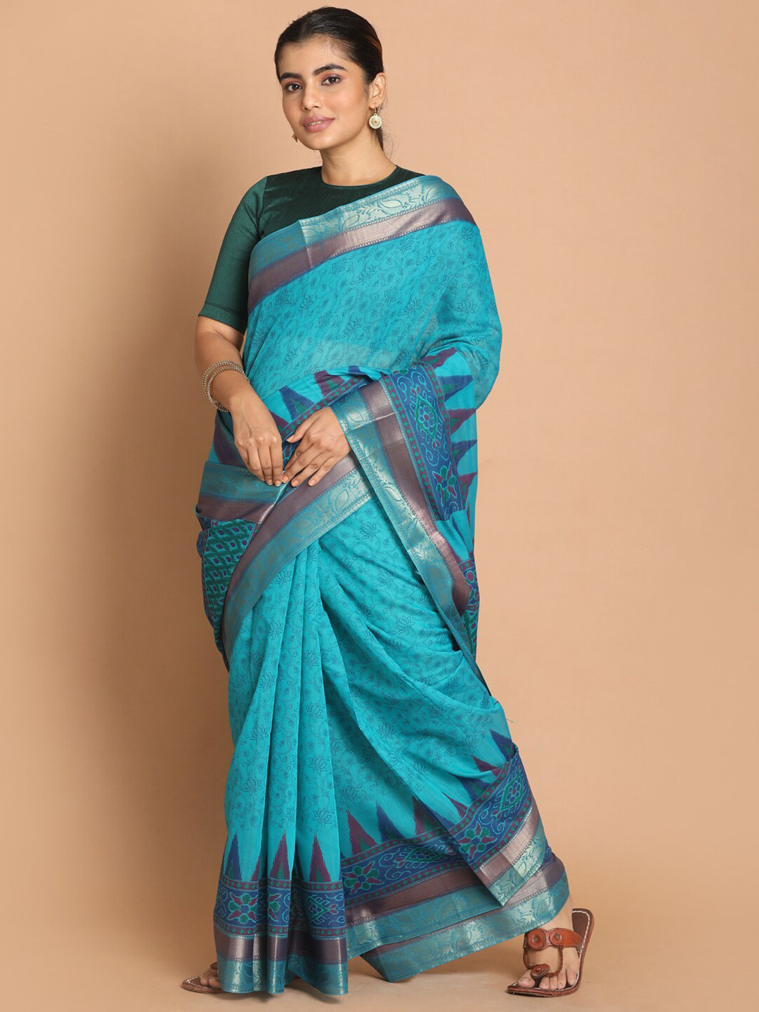 Saranee Blue & Green Floral Zari Saree