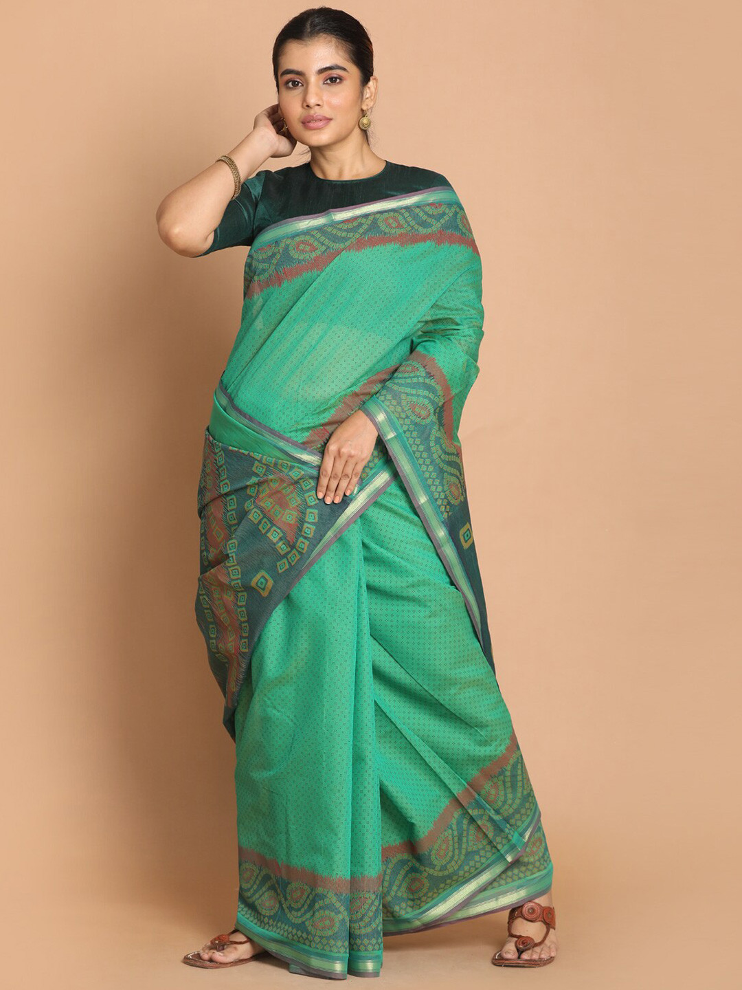 Saranee Green & Red Printed  Saree