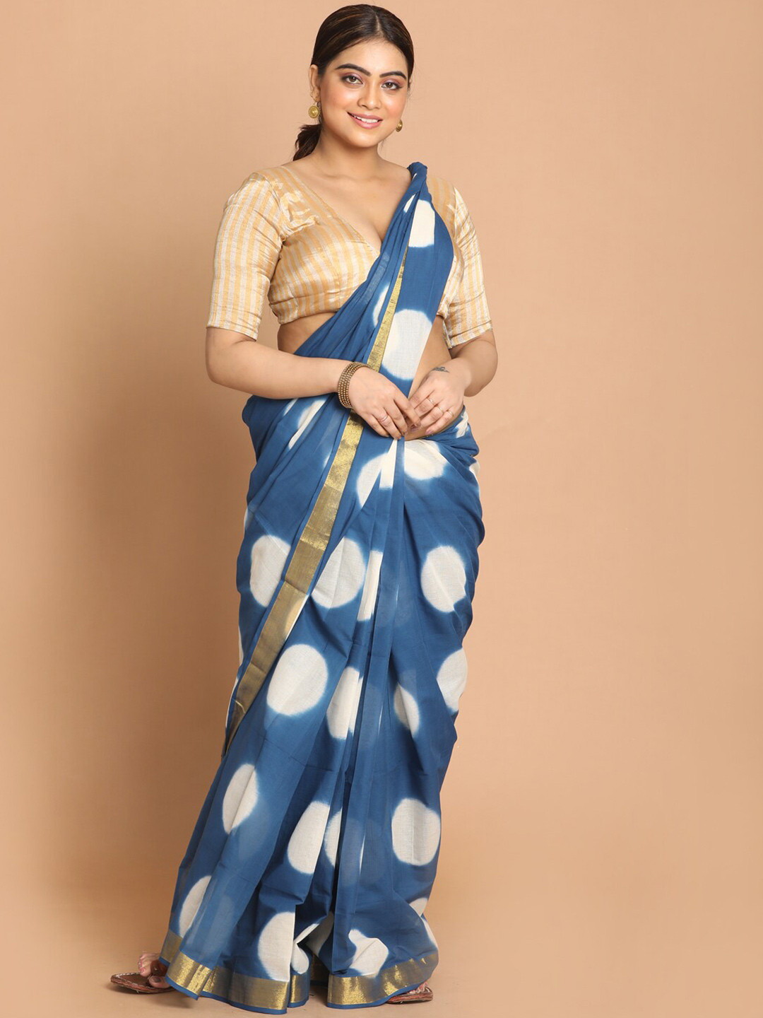 Indethnic Blue & White Zari Pure Cotton Saree