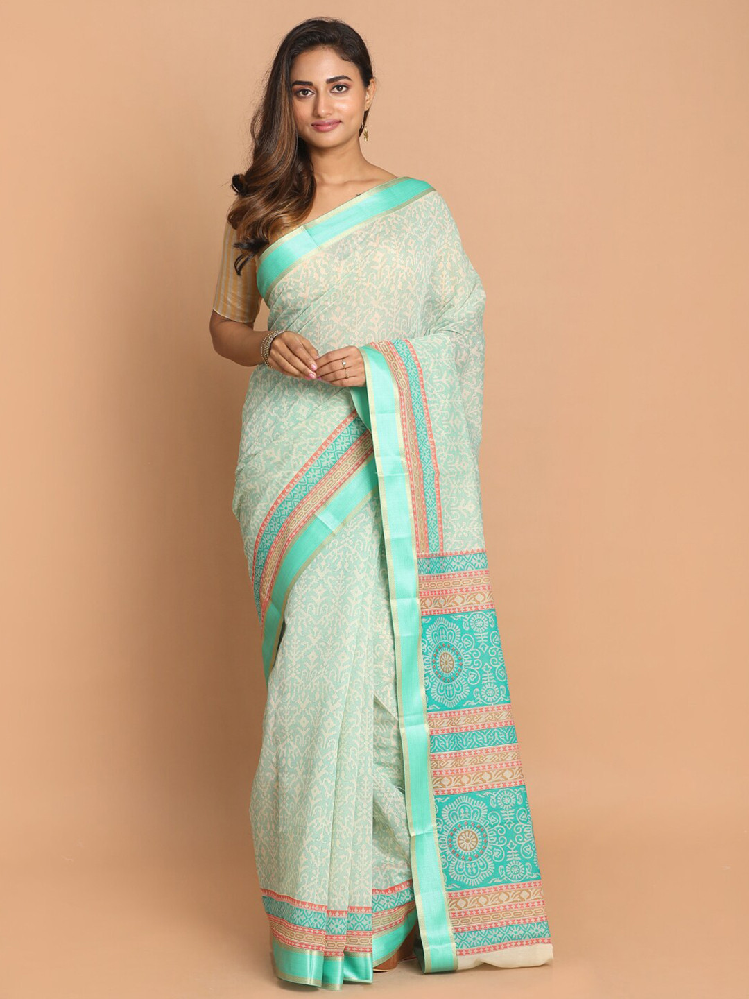 Saranee Green & Pink Ajrak Zari Saree