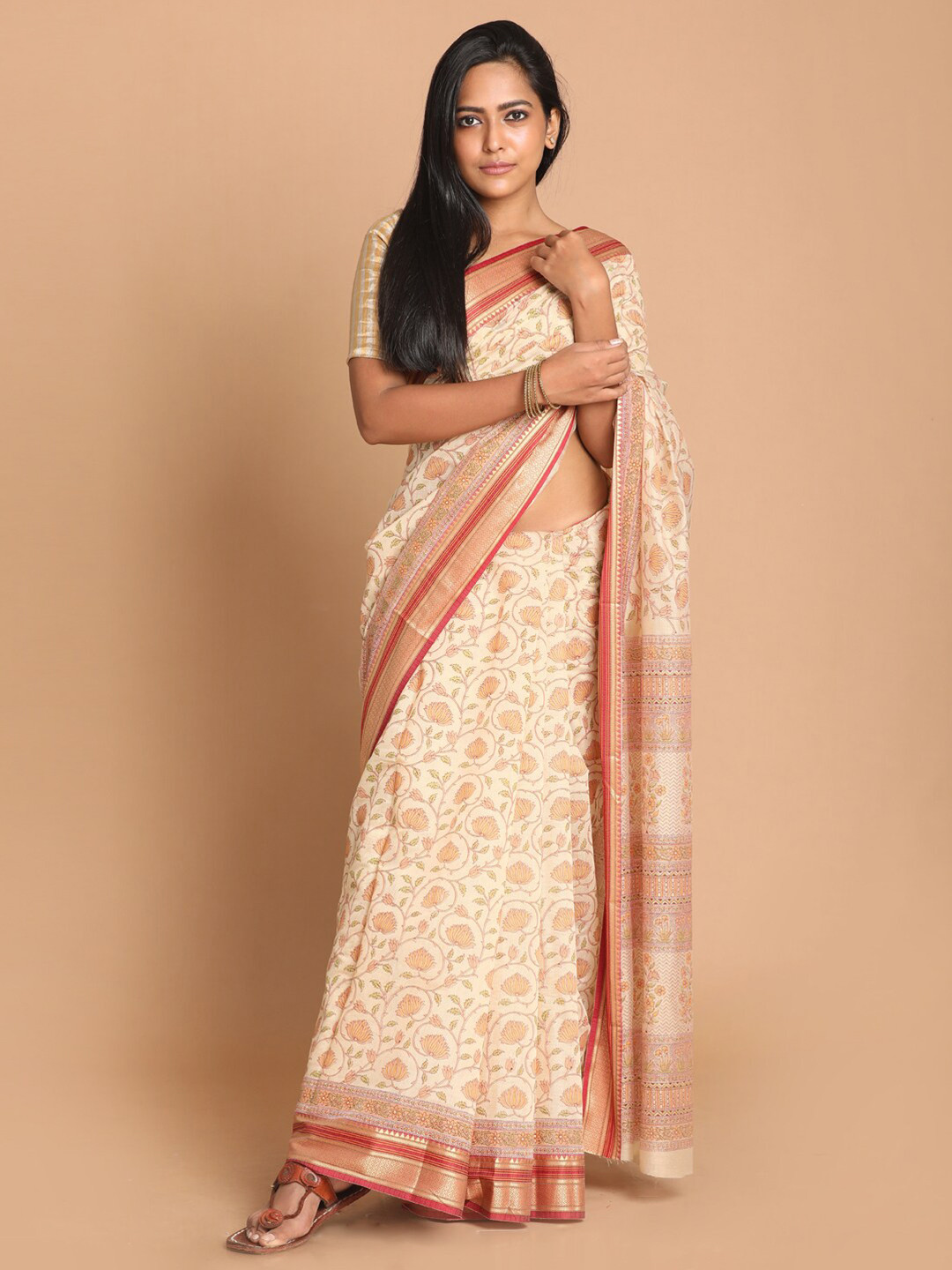 Saranee Beige & Maroon Floral Zari Saree