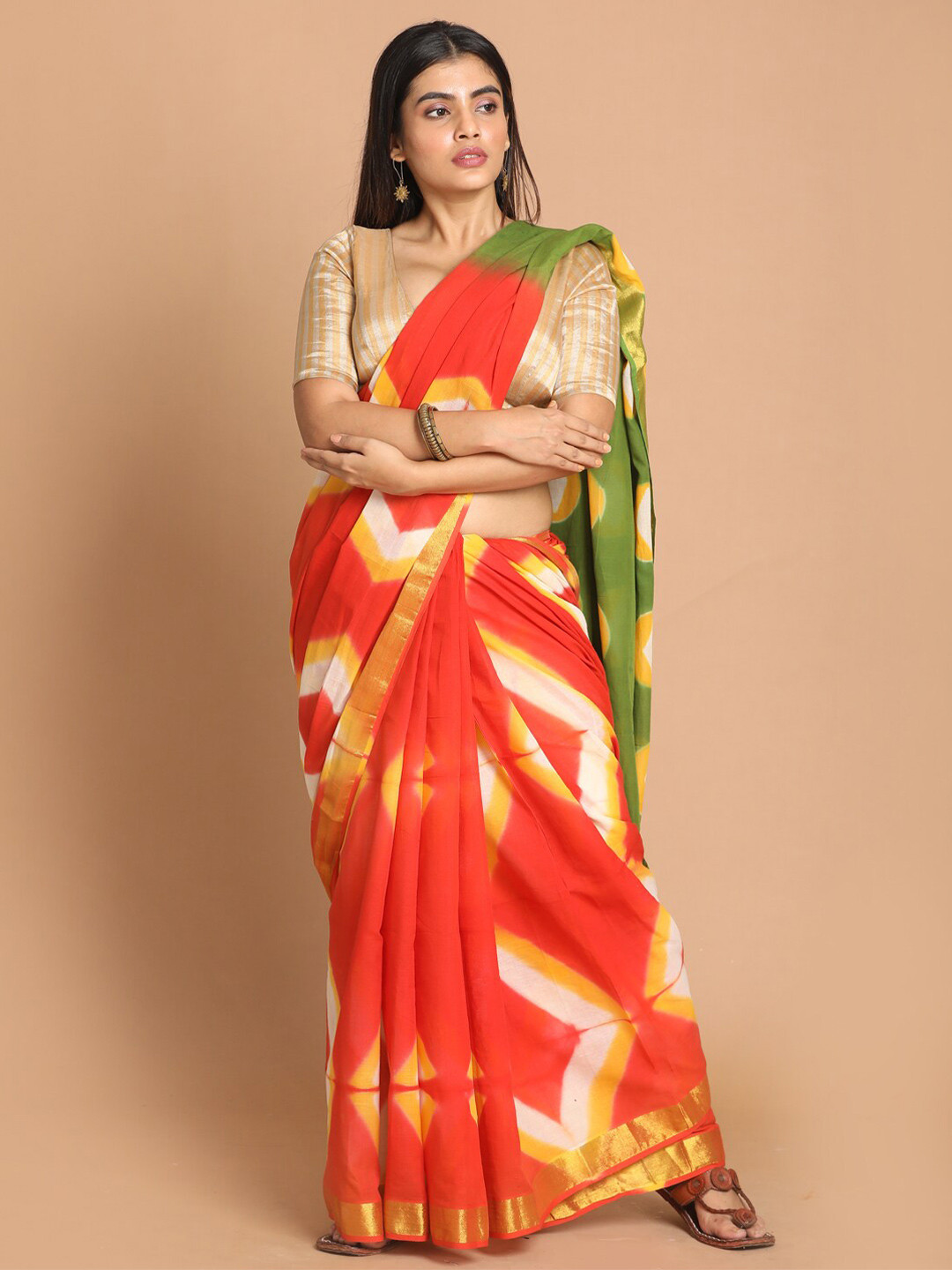 Indethnic Orange & Green Tie and Dye Zari Pure Cotton Saree