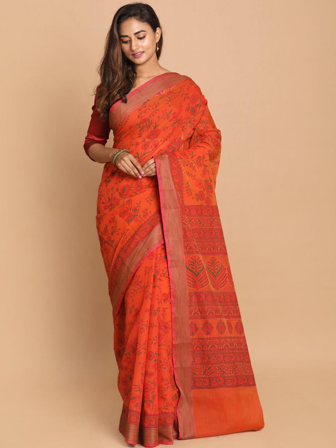 Saranee Rust & Green Floral Printed Saree