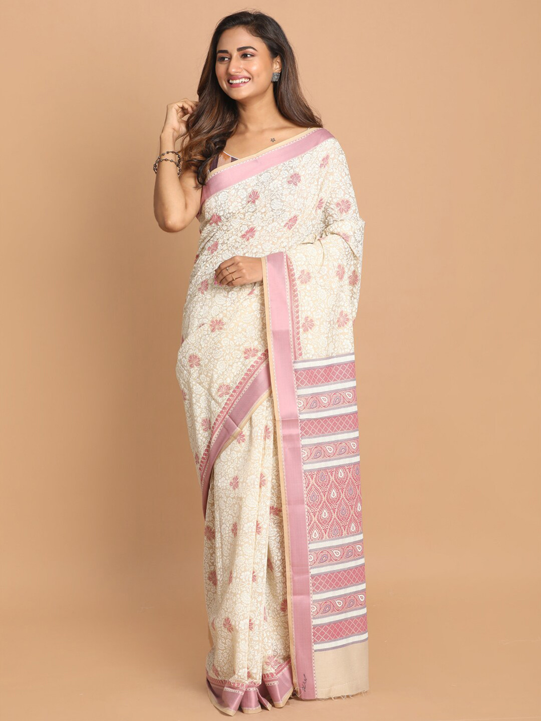 Saranee Pink & Gold-Toned Floral Printed Zari Border Saree