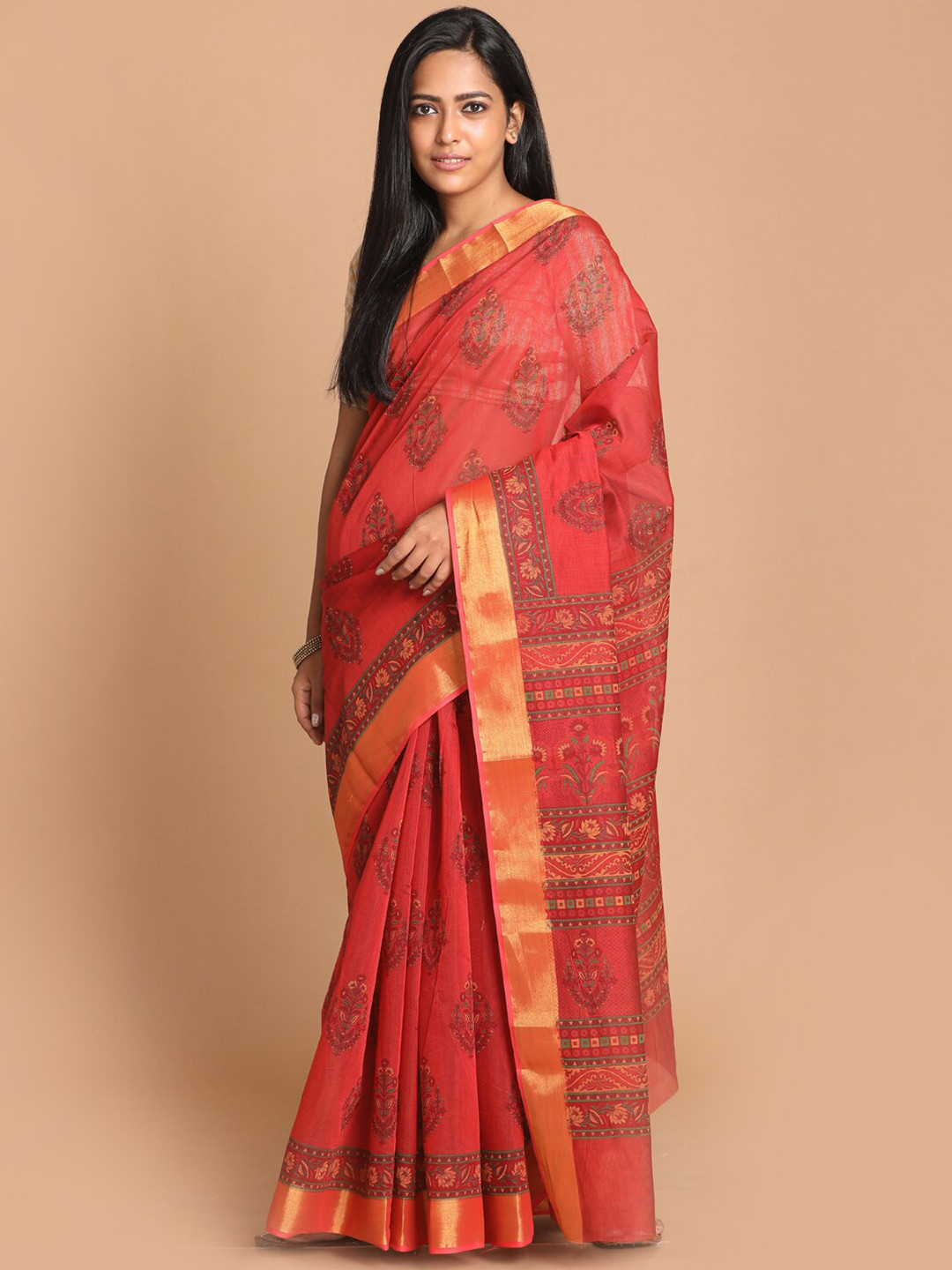 Saranee Red & Gold-Toned Floral Zari Saree