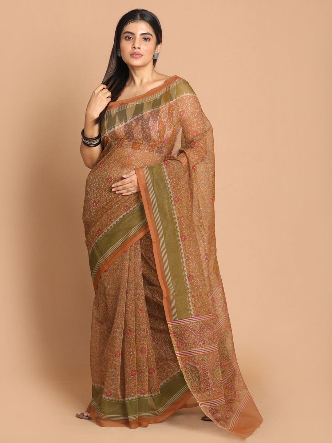 Indethnic Tan & Olive Green Ethnic Motifs Supernet Saree