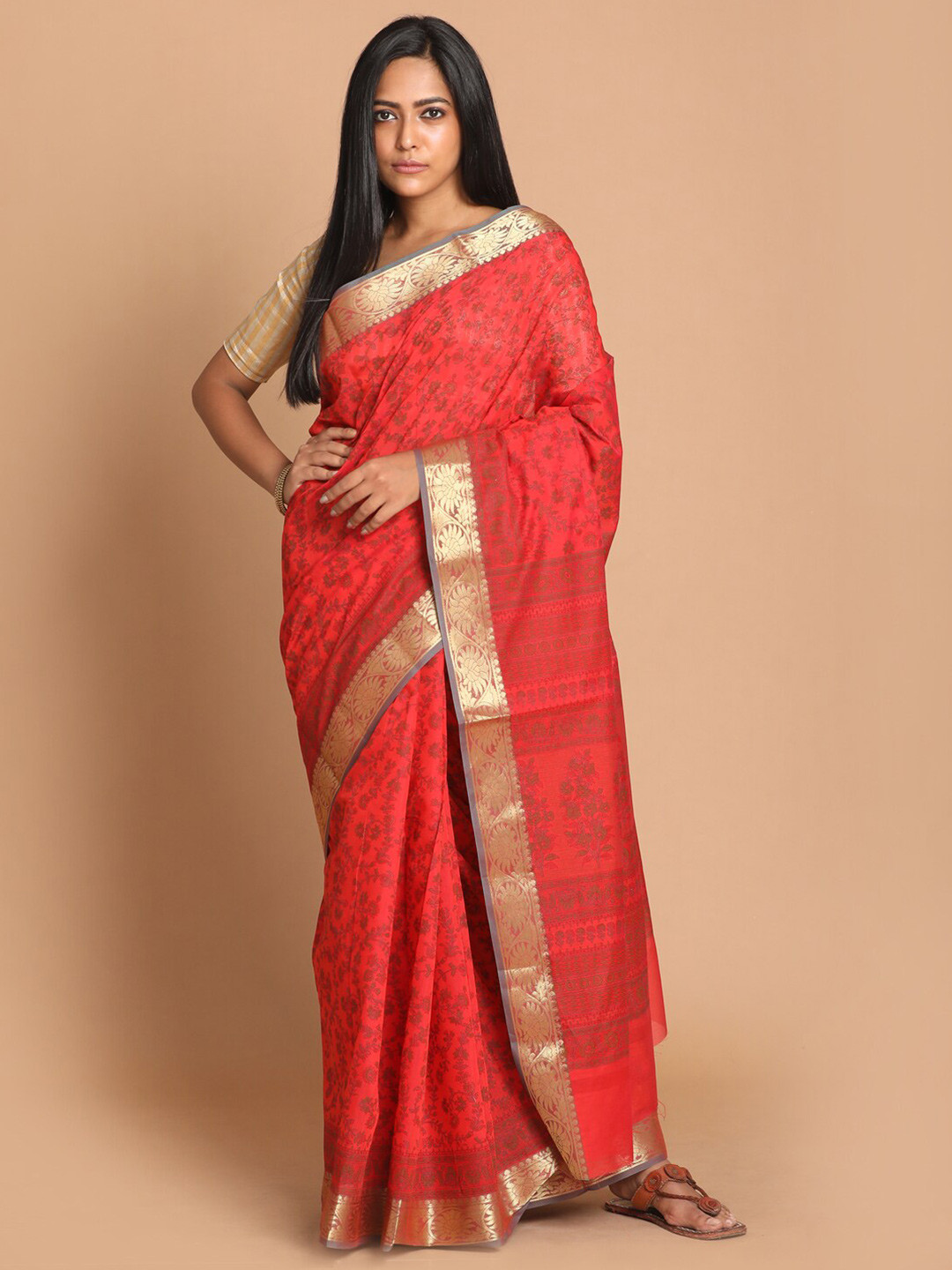 Saranee Red & Green Floral Saree