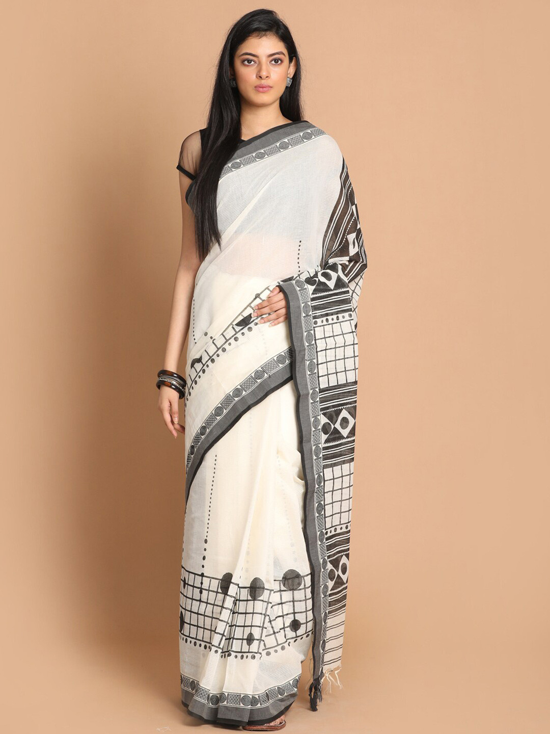 Indethnic White & Black Printed Pure Cotton Saree