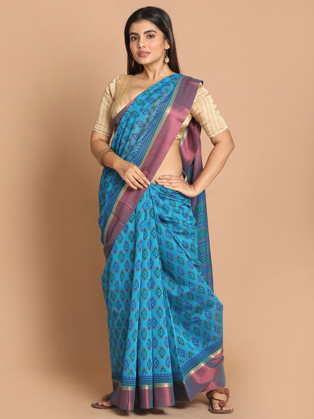 Saranee Blue & Pink Ethnic Motifs PrintedZari Saree