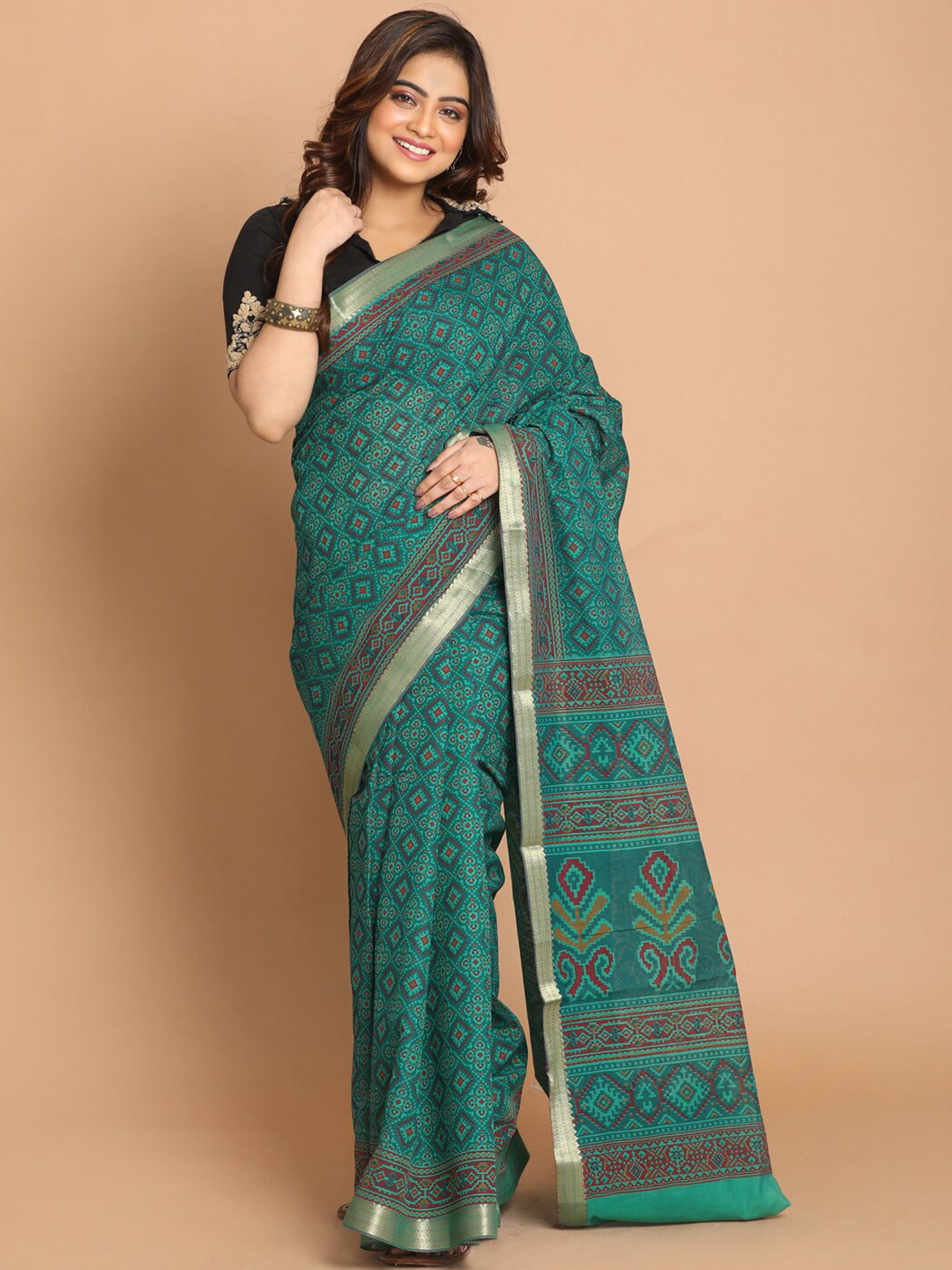 Saranee Teal & Gold-Toned Bandhani Zari Border Saree
