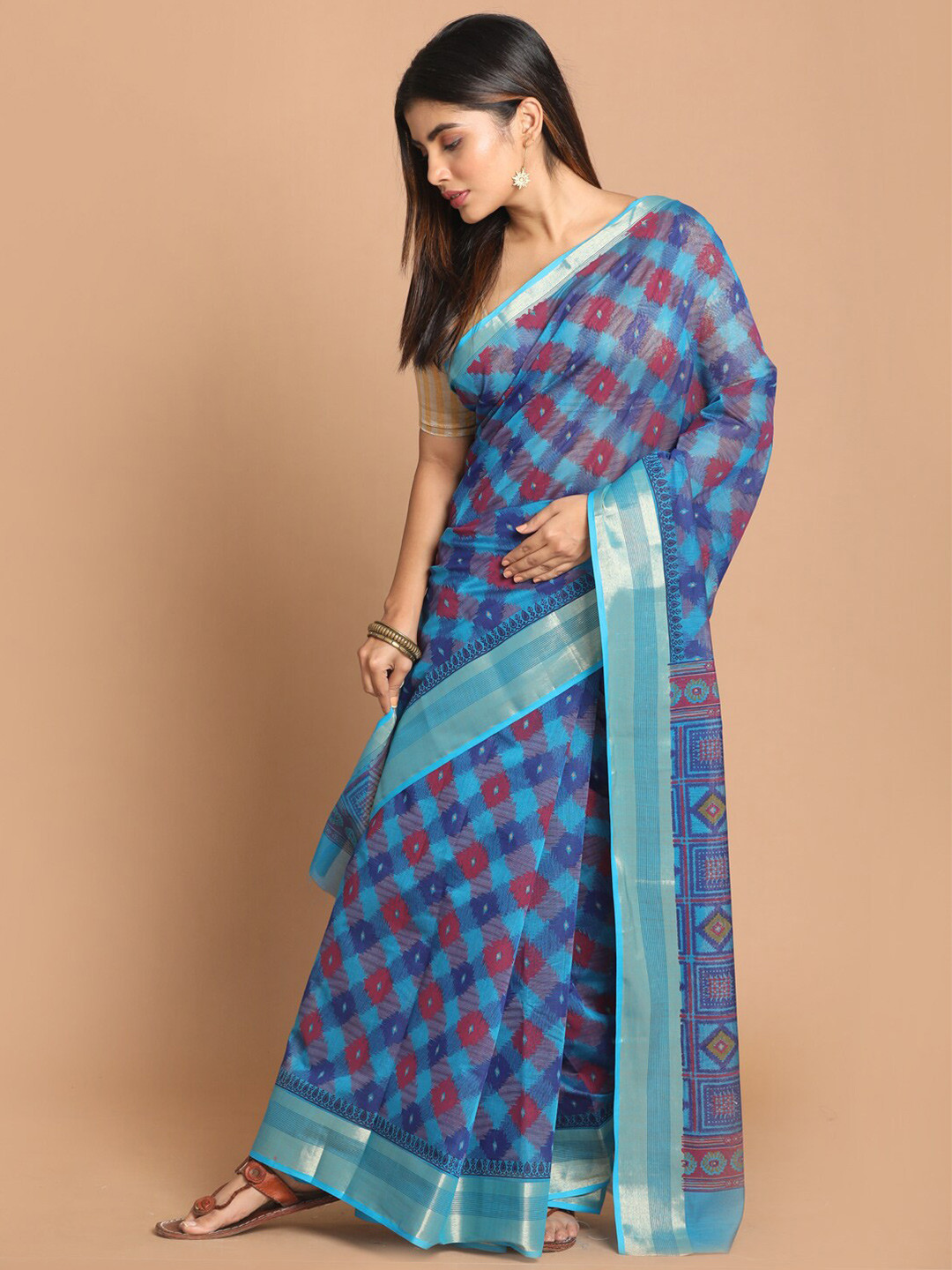 Saranee Blue & Red Zari Saree
