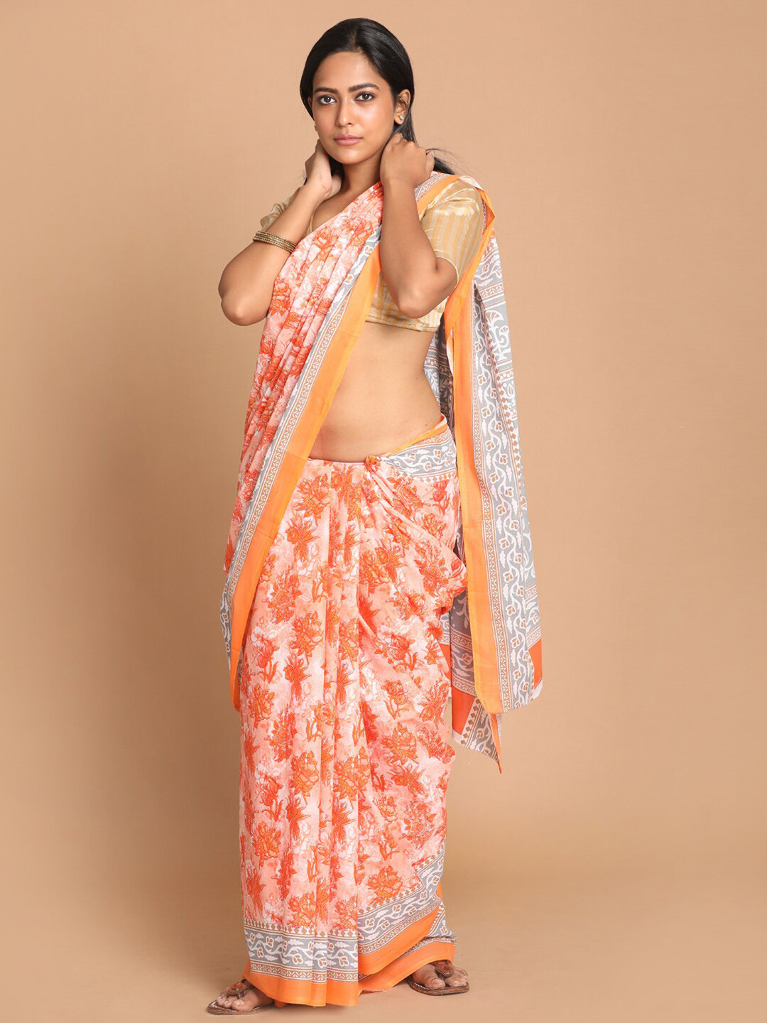 Saranee Orange & White Floral Pure Cotton Saree