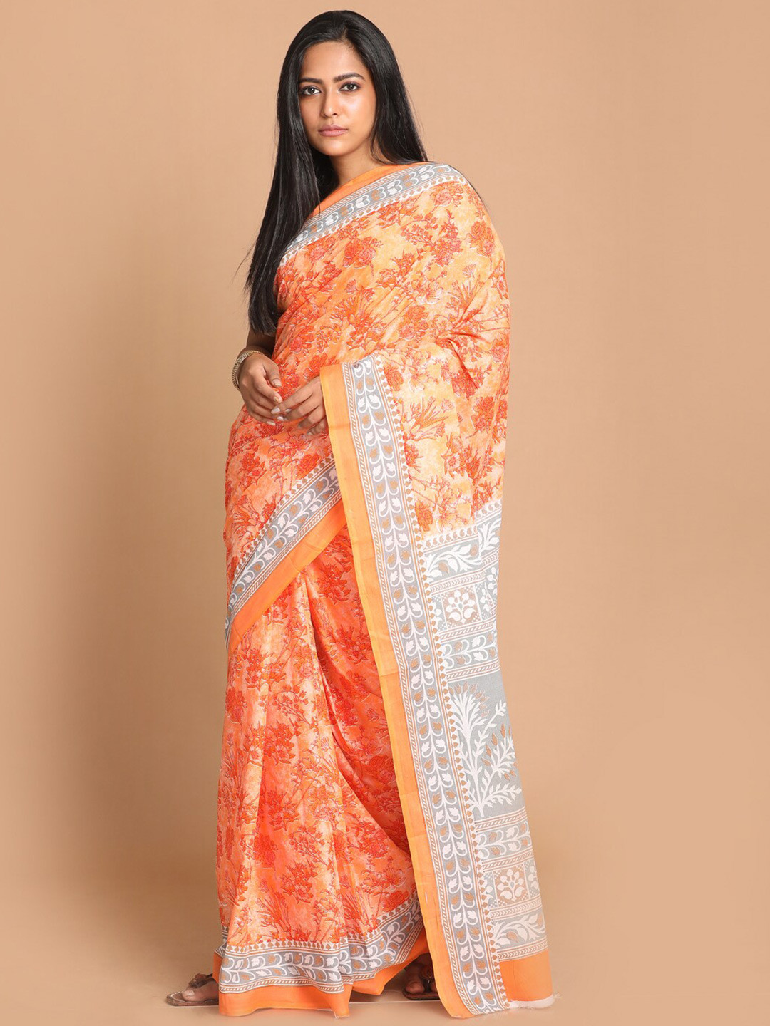 Saranee Orange & Off White Floral Pure Cotton Saree