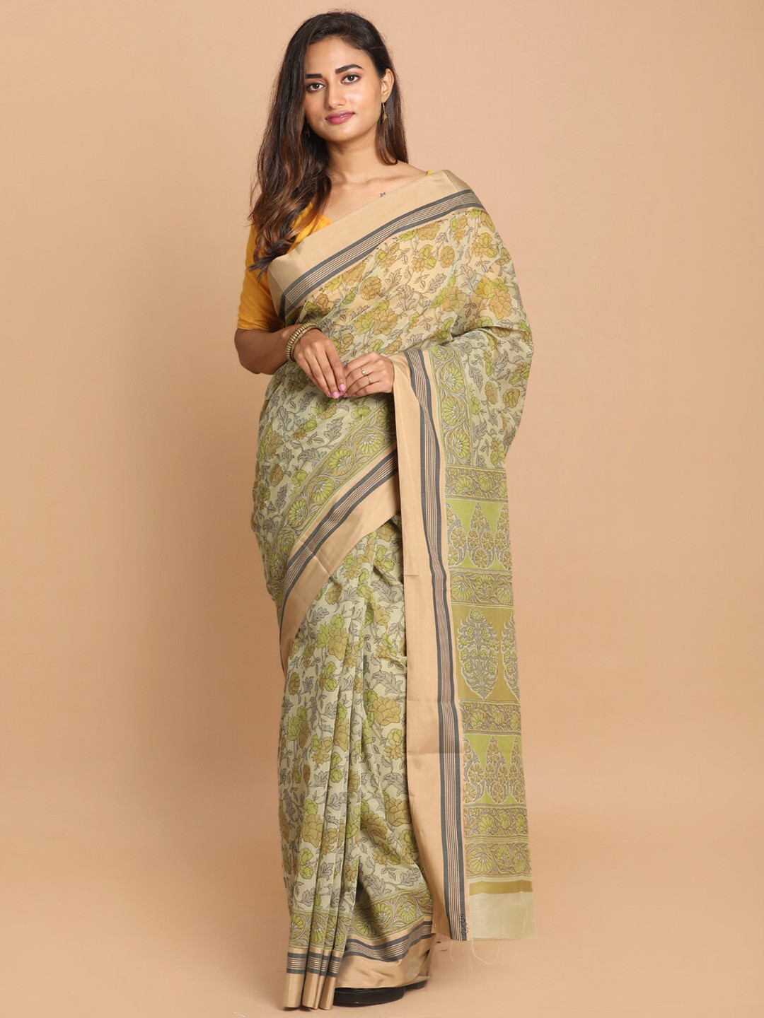 Saranee Olive Green & Yellow Floral Saree