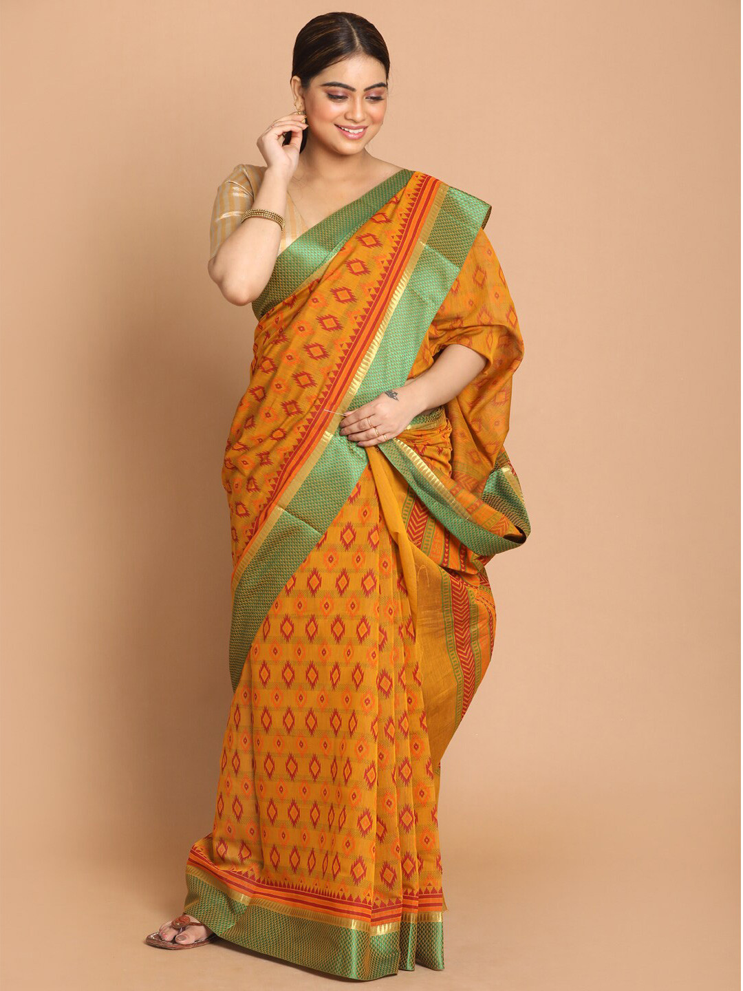 Saranee Orange & Red Ethnic Motifs Saree