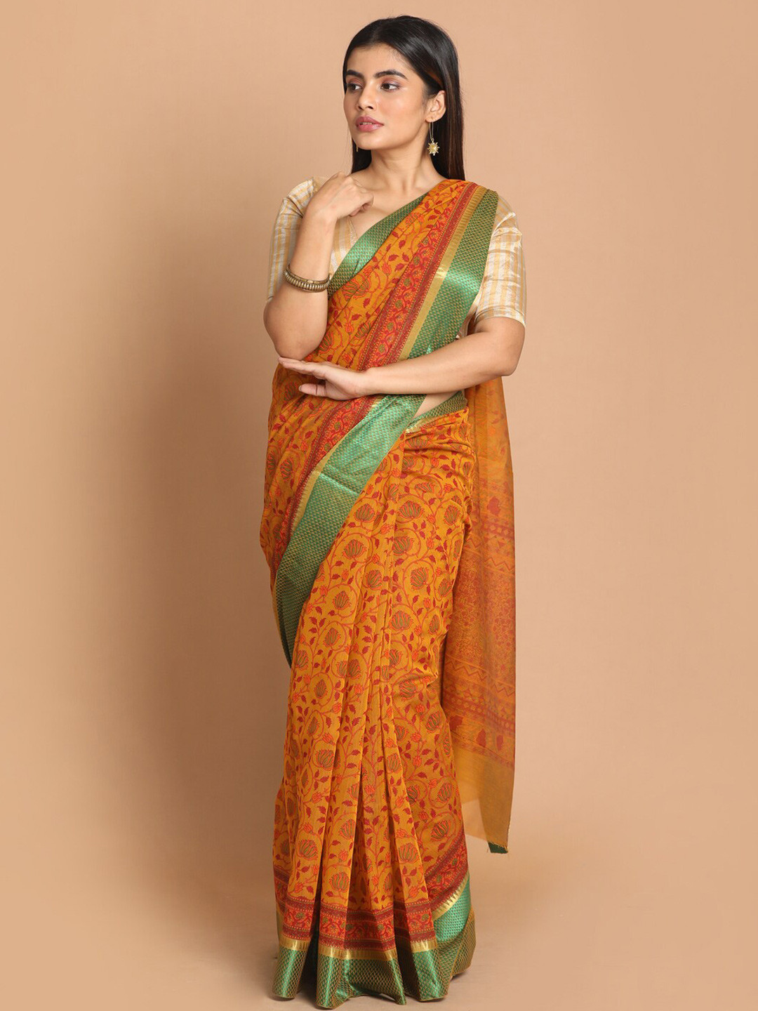 Saranee Yellow & Gold-Toned Floral Printed Zari Border Saree
