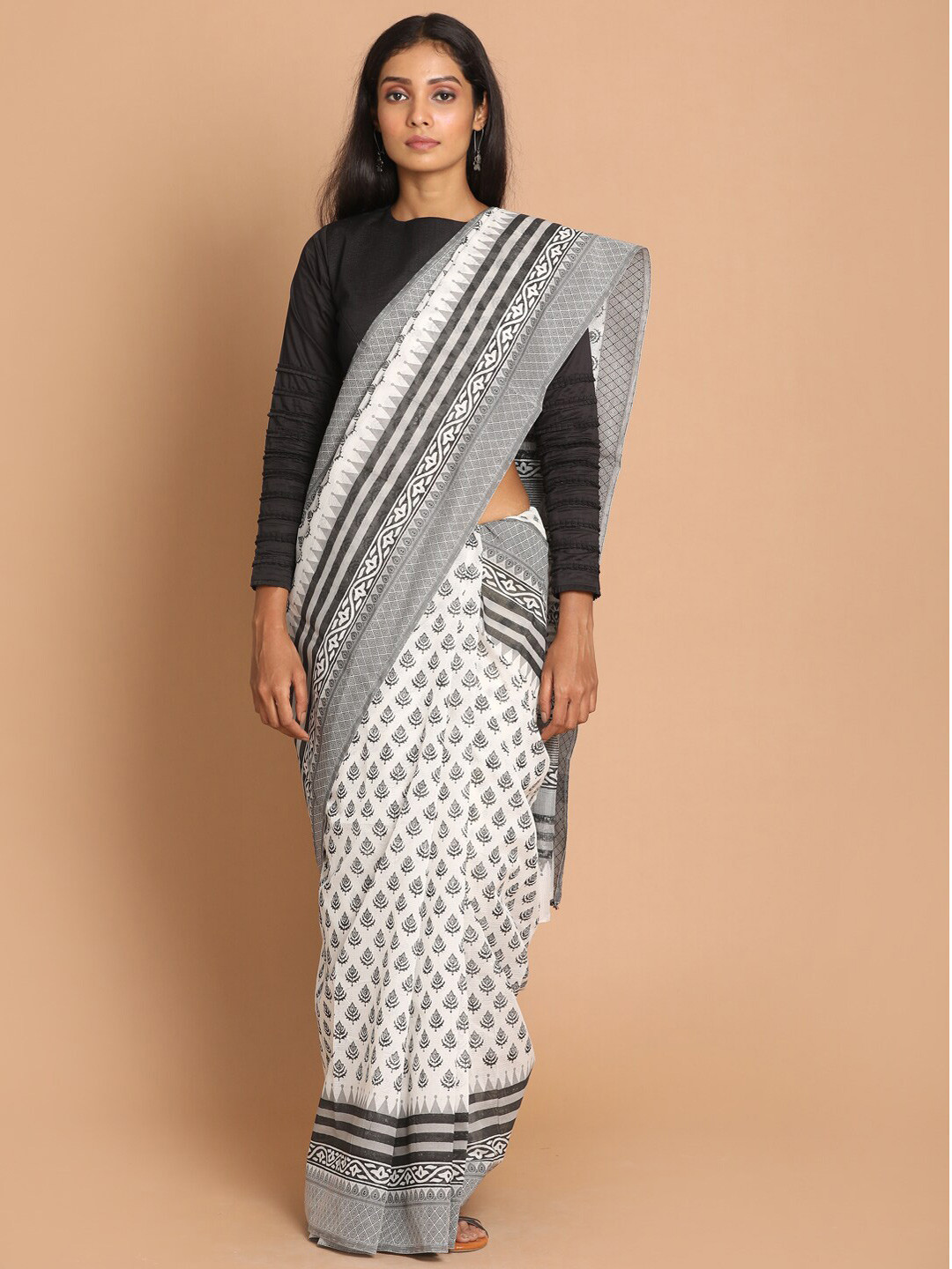Indethnic White & Grey Ethnic Motifs Net Saree
