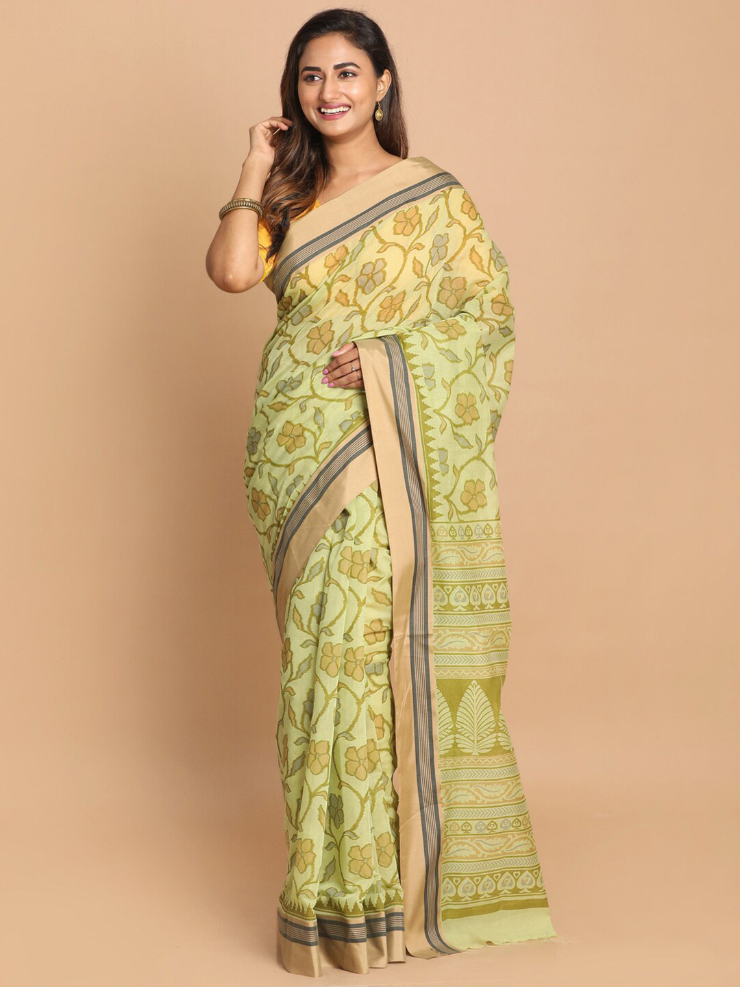 Saranee Lime Green & Grey Floral Saree