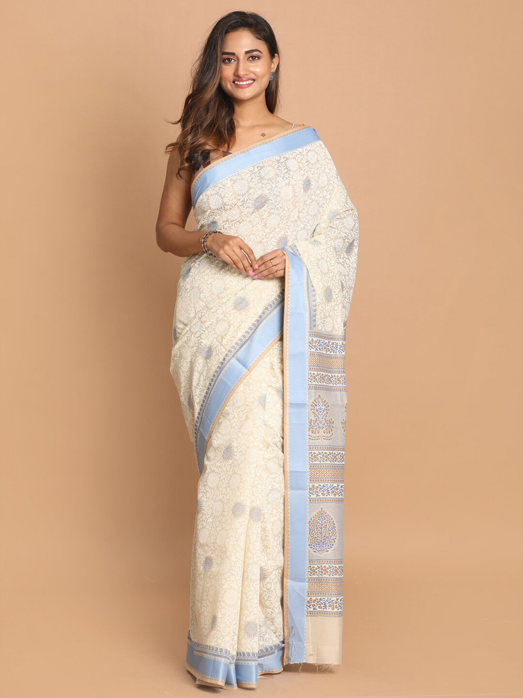 Saranee Blue & Off White Floral Saree