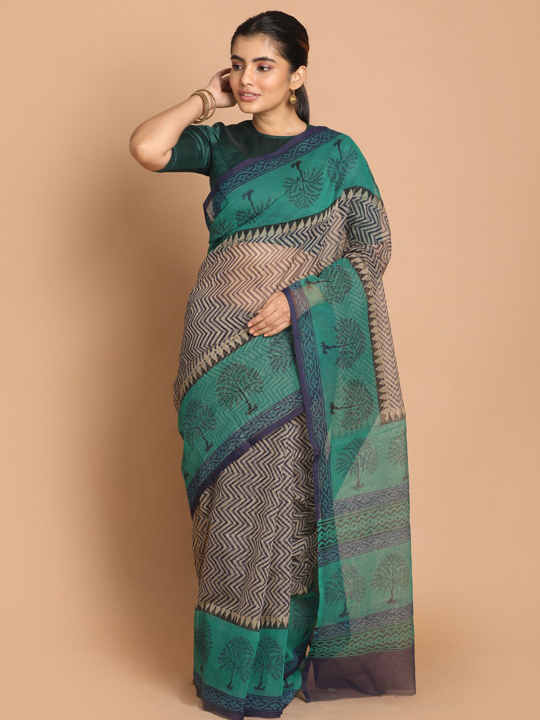 Indethnic Green & Blue Printed Supernet Saree