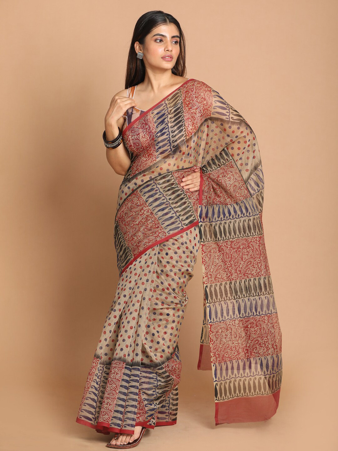 Indethnic Maroon & Beige Supernet Saree