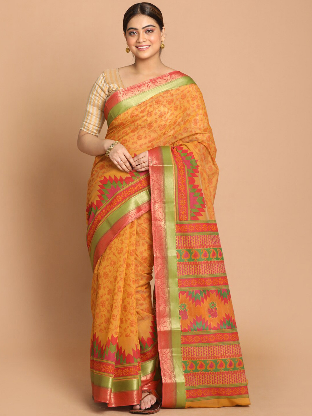 Saranee Mustard & Red Floral Zari Saree