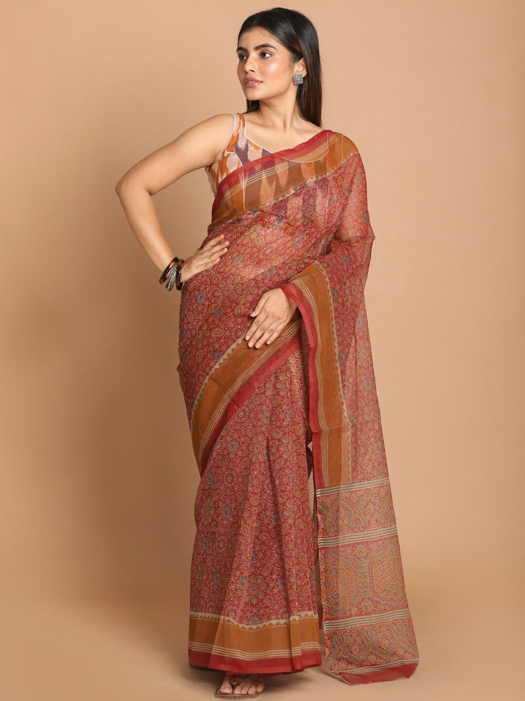 Indethnic Maroon & Tan Floral Printed Saree