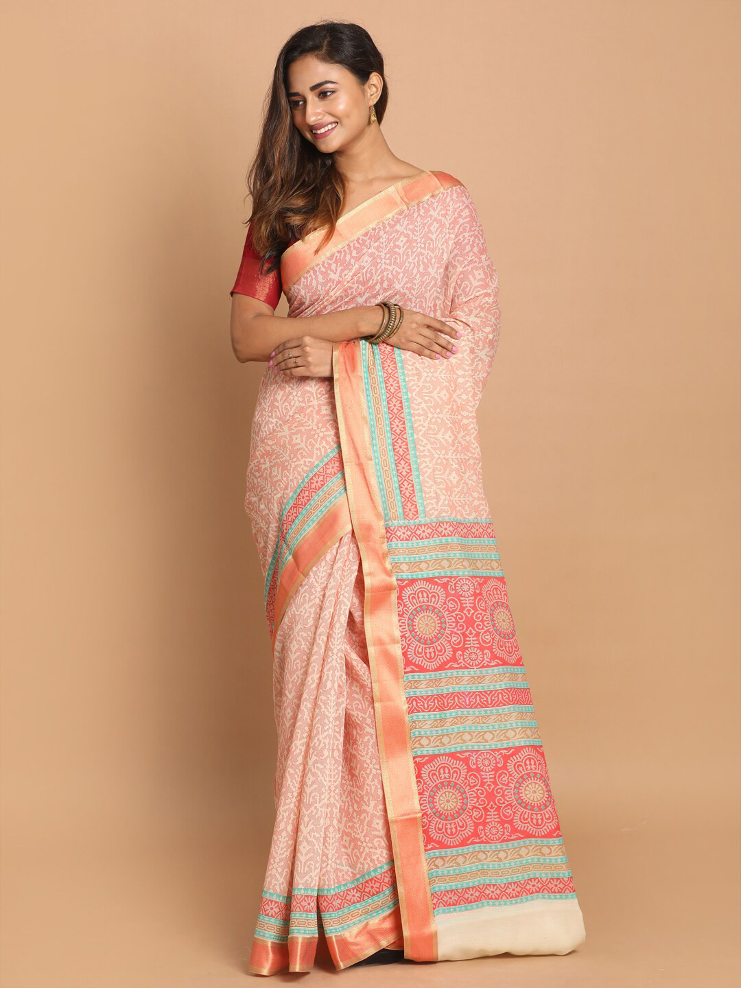 Saranee Orange & Gold-Toned Ethnic Motifs Printed Zari Border Saree