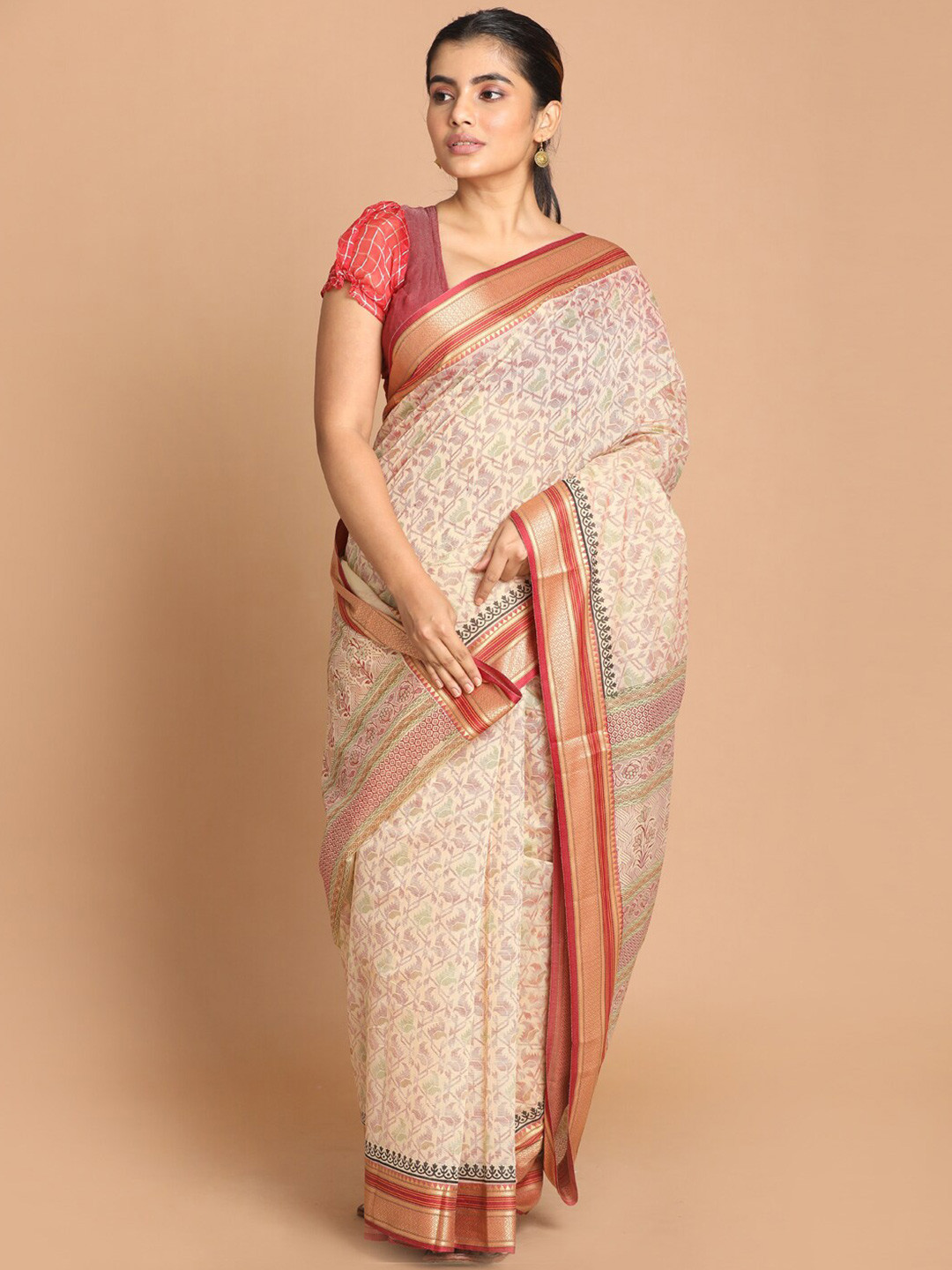 Saranee Maroon & Green Ethnic Motifs Saree