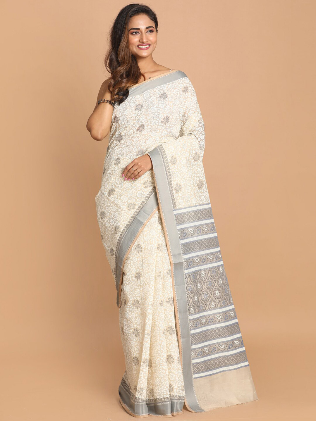 Saranee White & Grey Floral Saree
