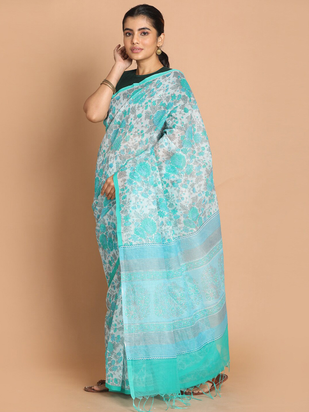 Indethnic Blue & Grey Floral Printed Saree