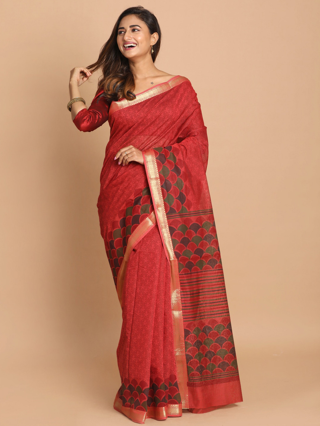 Saranee Maroon & Green Ethnic Motifs Zari Saree