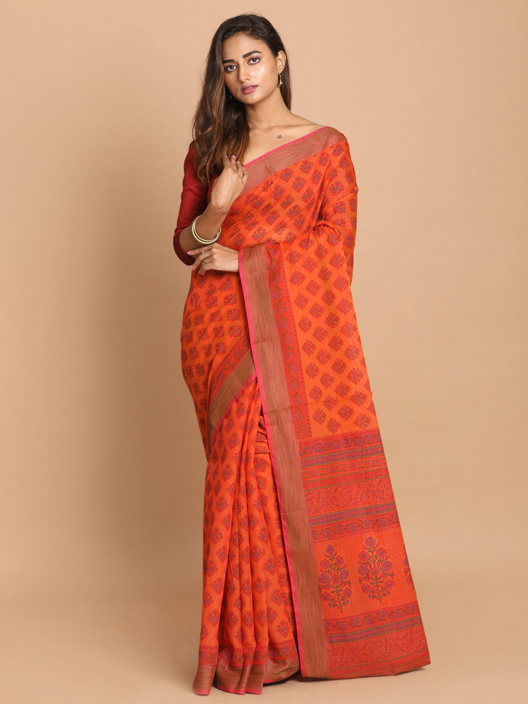 Saranee Rust & Red Floral Printed Saree
