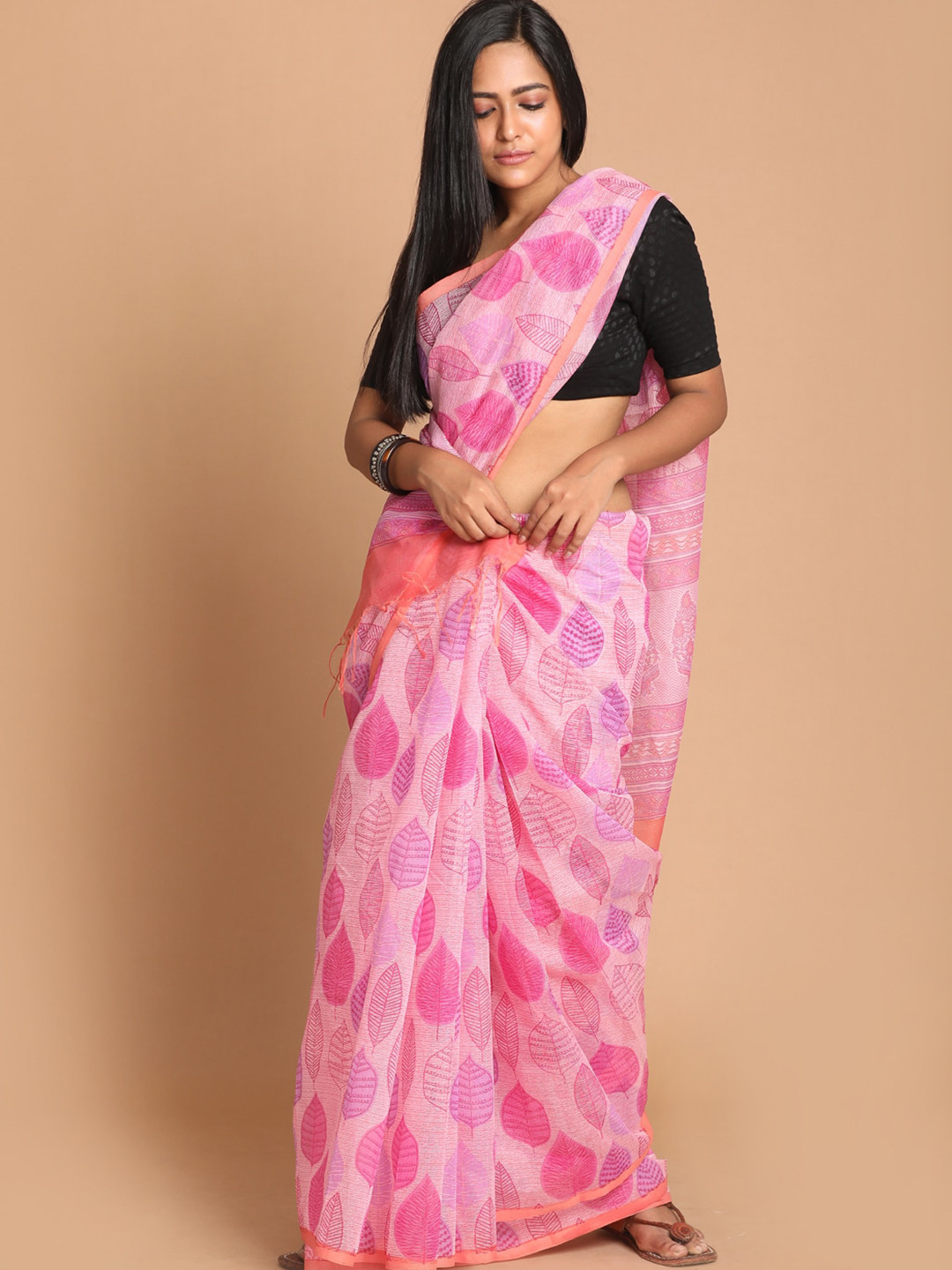 Indethnic Pink Floral Supernet Saree