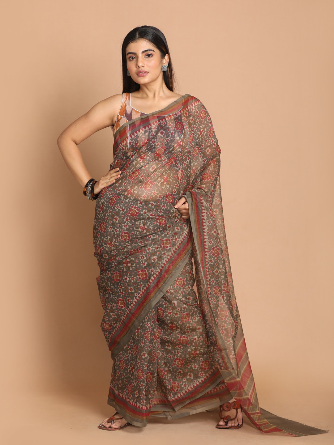 Indethnic Olive Green & Red Ethnic Motifs Supernet Saree