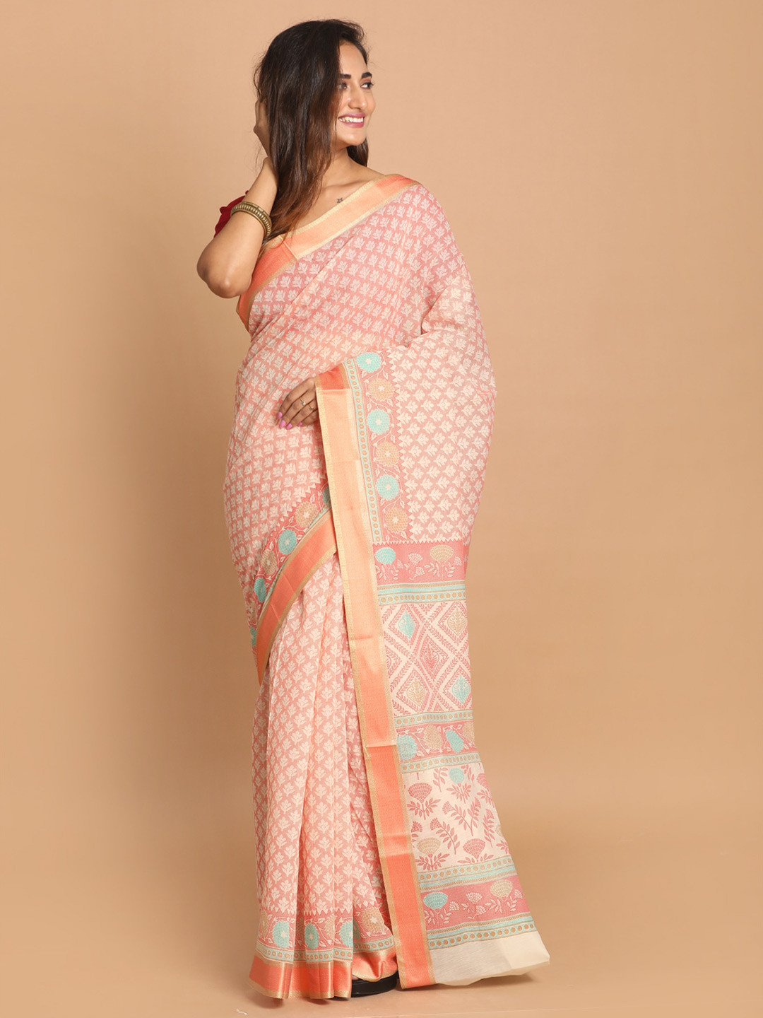 Saranee Orange & Blue Ethnic Motifs Saree