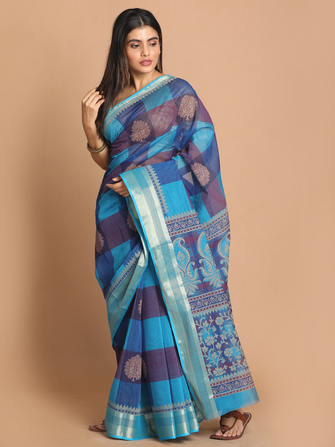 Saranee Navy Blue & Silver-Toned Floral Printed Zari Border Saree