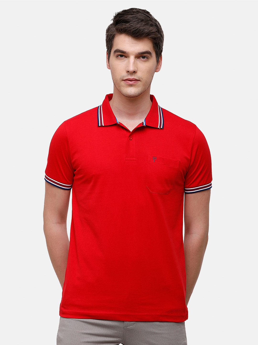 Classic Polo Men Red Polo Collar Cotton Slim Fit T-shirt