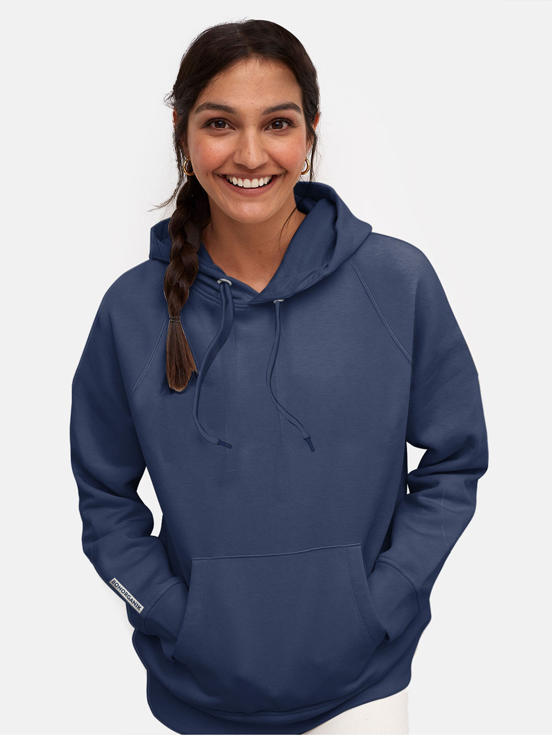 BonOrganik Women Navy Blue Hooded Sweatshirt