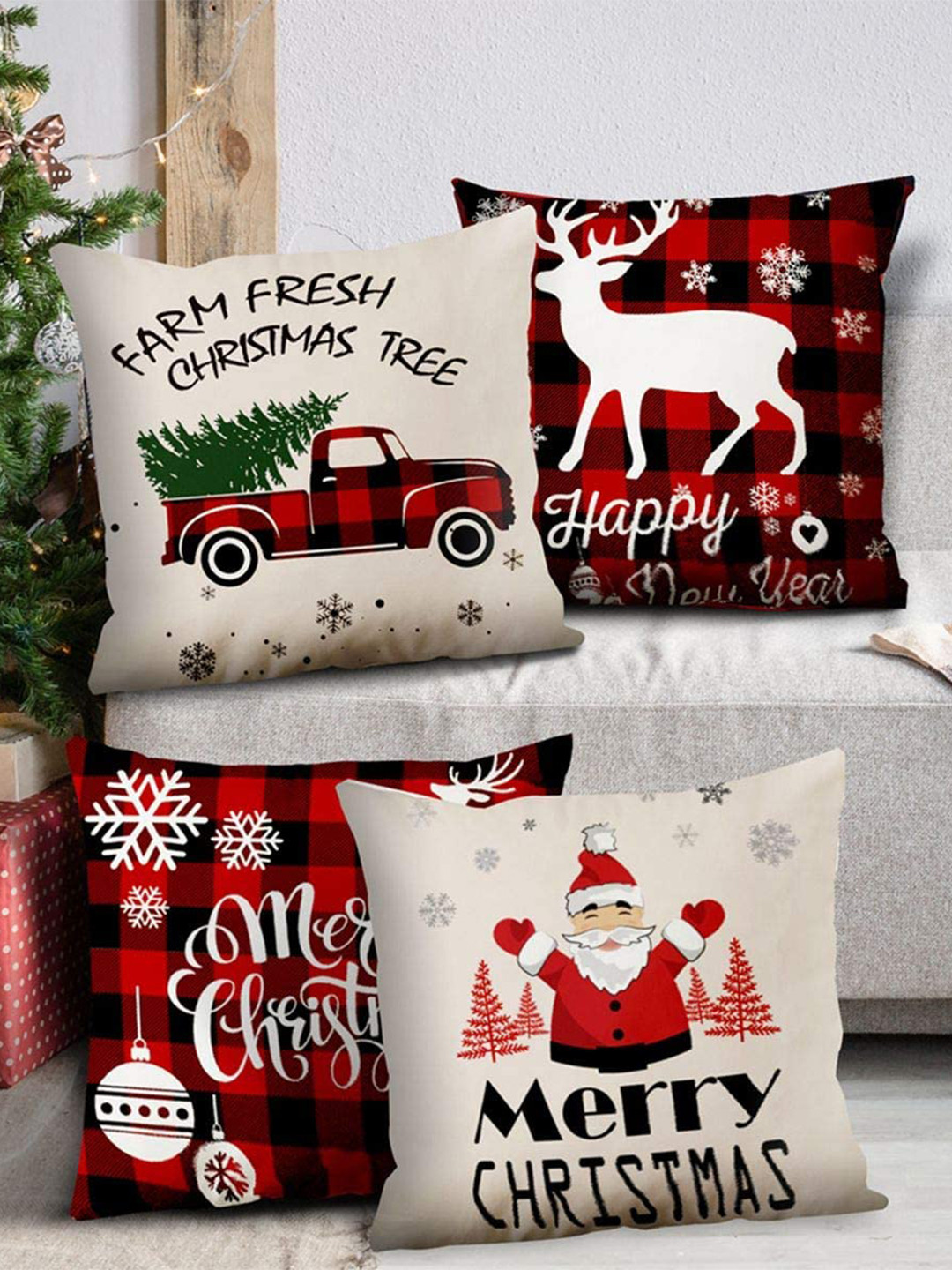 AEROHAVEN Red Typography Polycotton Lightweight 4 Piece Square Cushion Covers -16x16In