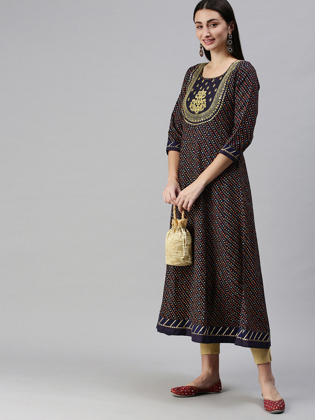 SheWill Women Navy Blue Bandhani Printed Round Neck Zari Indie Print Cotton Anarkali Kurta