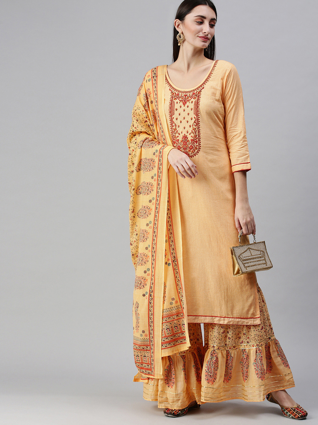 SheWill Women Orange Ethnic Motifs Embroidered Cotton Kurta with Sharara & Dupatta