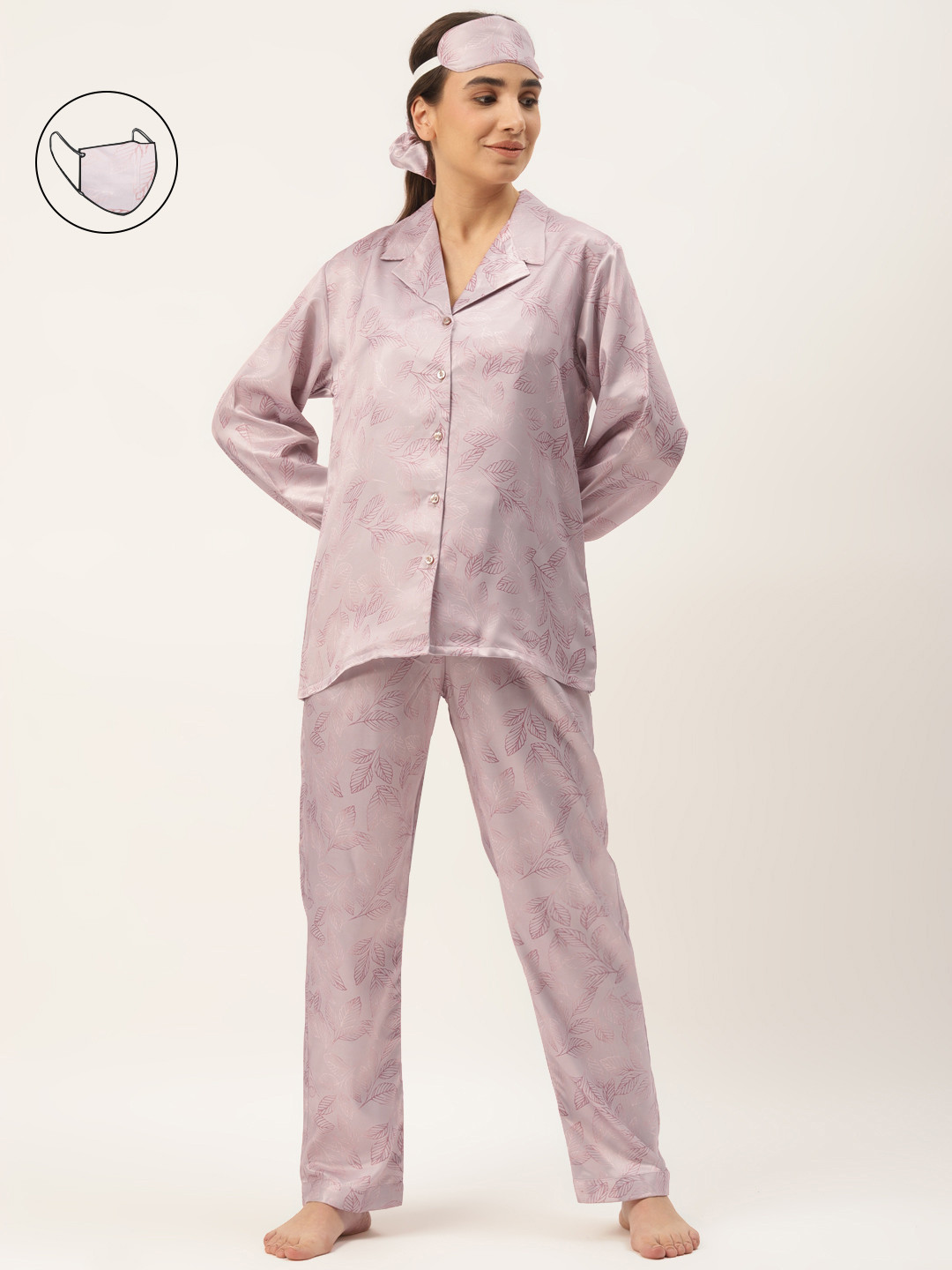 Rapra The Label Women 6 Pcs Pink Tropical Print Satin Pyjama set