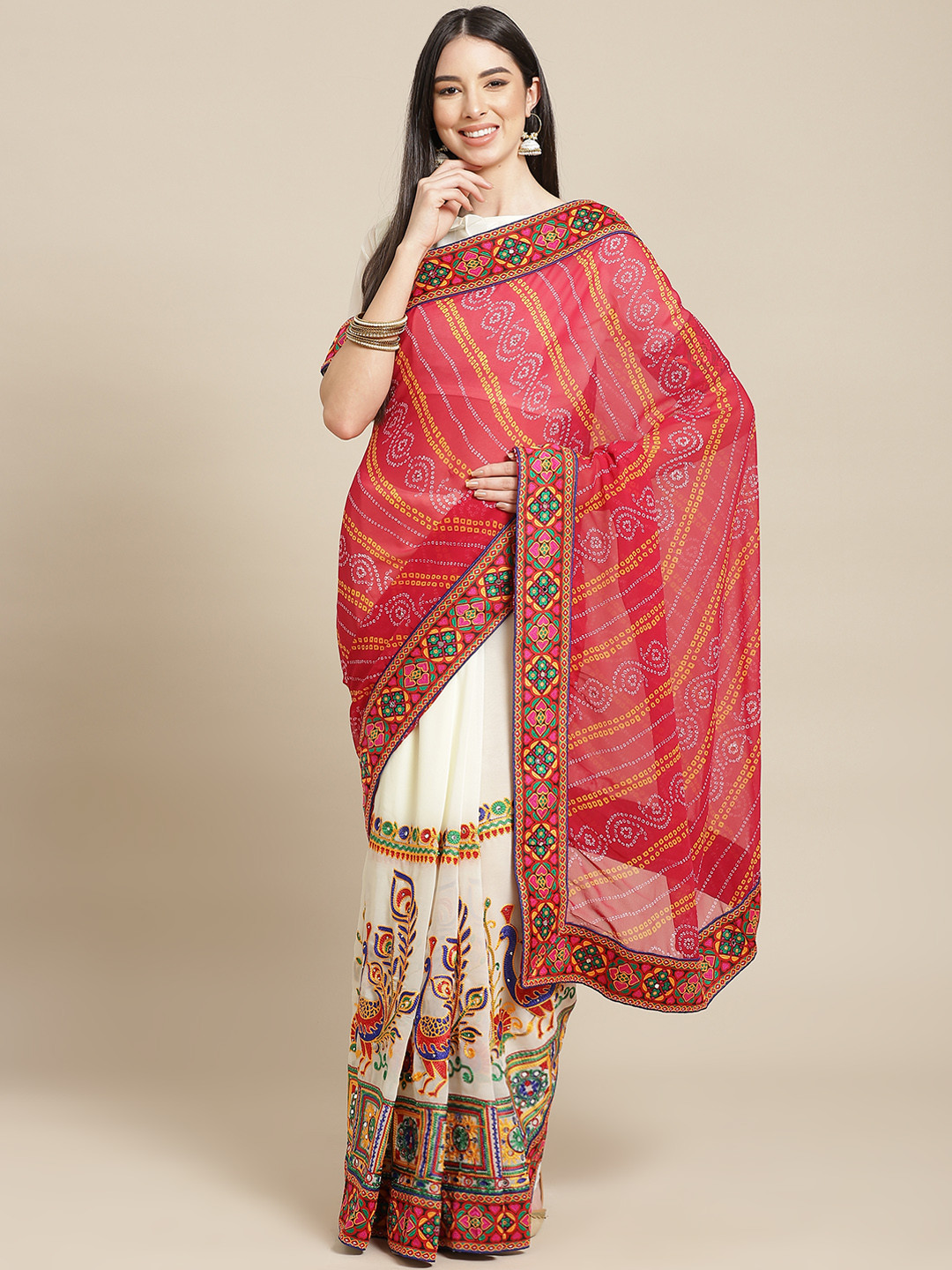 SERONA FABRICS Cream-Coloured & Red Bandhani Kutchi Embroidery Pure Georgette Bandhani Saree