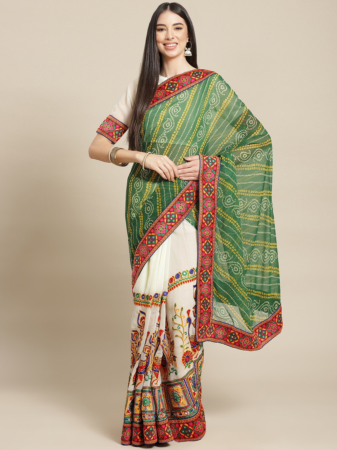 SERONA FABRICS Cream-Coloured & Green Bandhani Kutchi Embroidery Pure Georgette Bandhani Saree