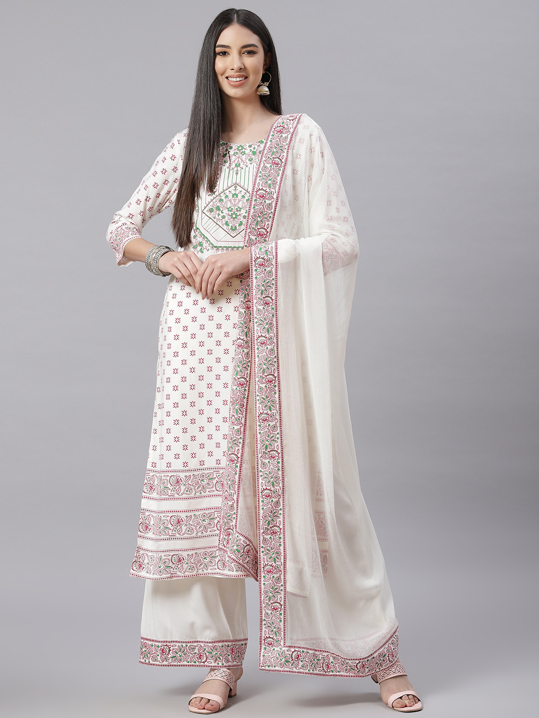 Tulsattva Women Off-White & Maron Ethnic Motifs Print Kurta with Palazzos & Dupatta