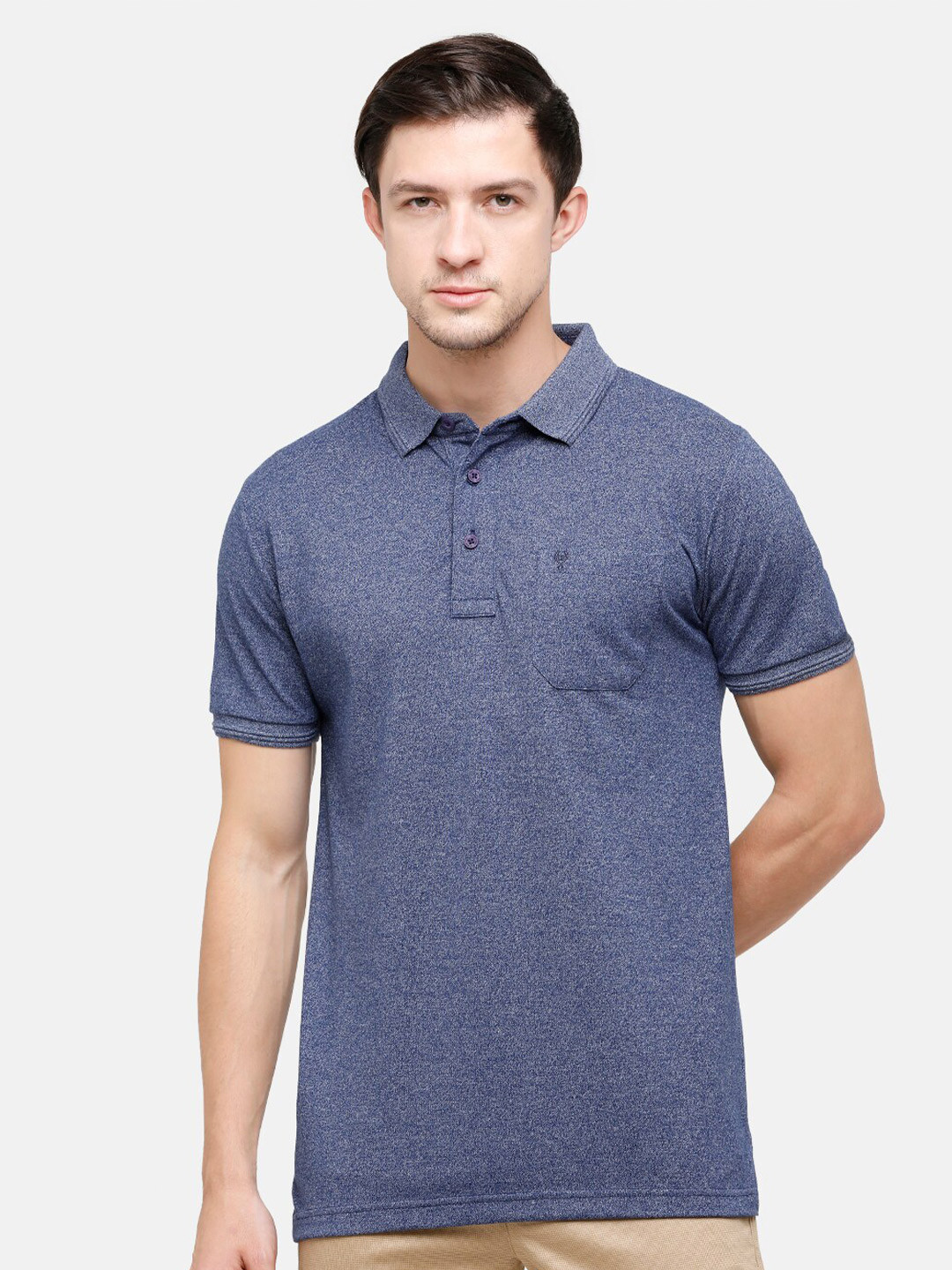 Classic Polo Men Navy Blue Polo Collar Pockets Slim Fit Pure Cotton T-shirt